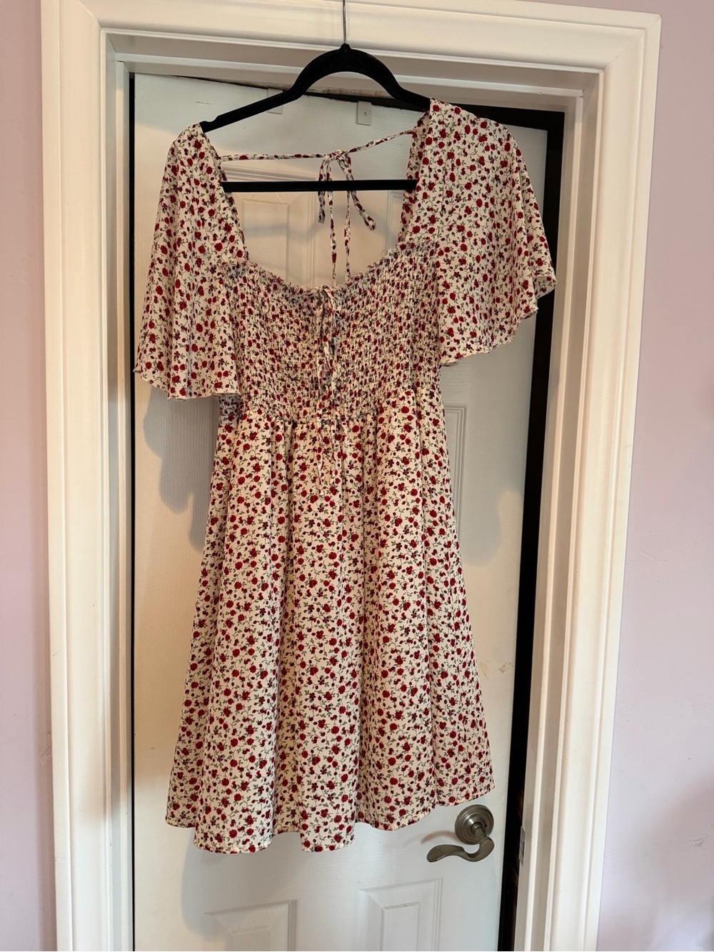 White Floral Tie-Front Dress with Red Print